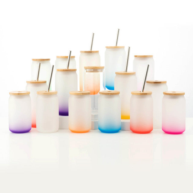 Vaso de Vidrio Glaseado con Tapa de Bamboo y Popote de Acero Inoxidable 13oz 6pzs